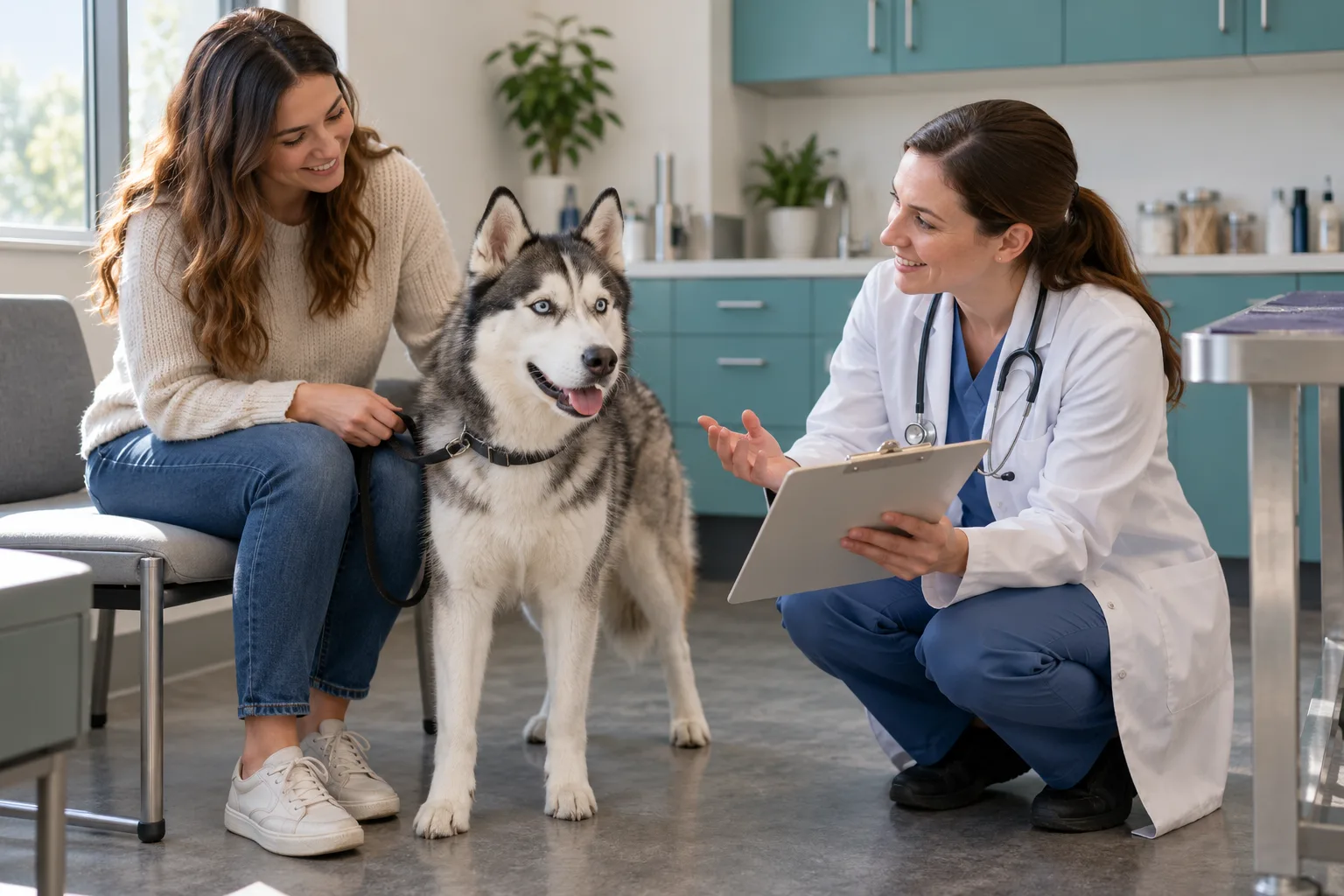 Owner and a husky-type dog speaking with a veterinary professional